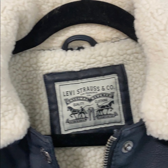 Navy blue vegan leather teddy fur lined zip jacket - Picture 3 of 7